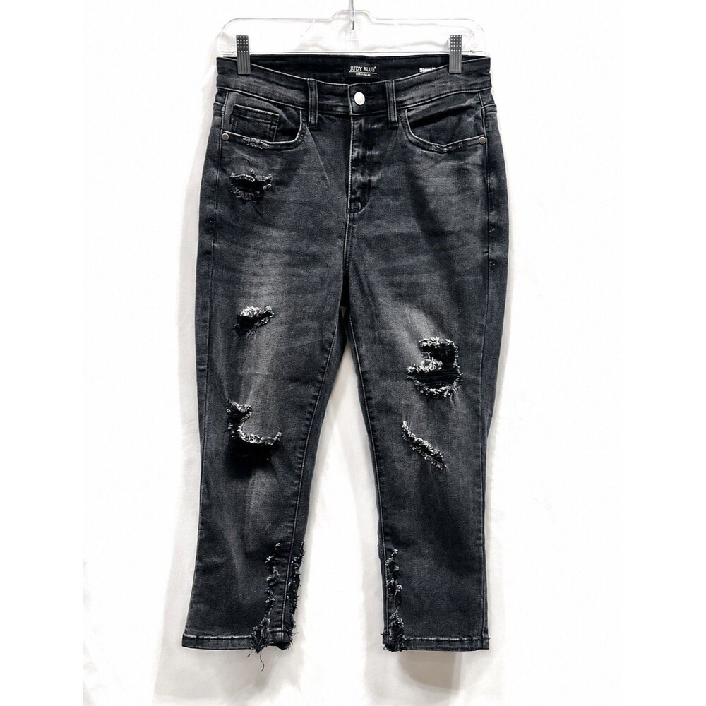 Judy Blue Black Distressed Cropped Skinny Jeans Raw Hem Women’s Size 7/28